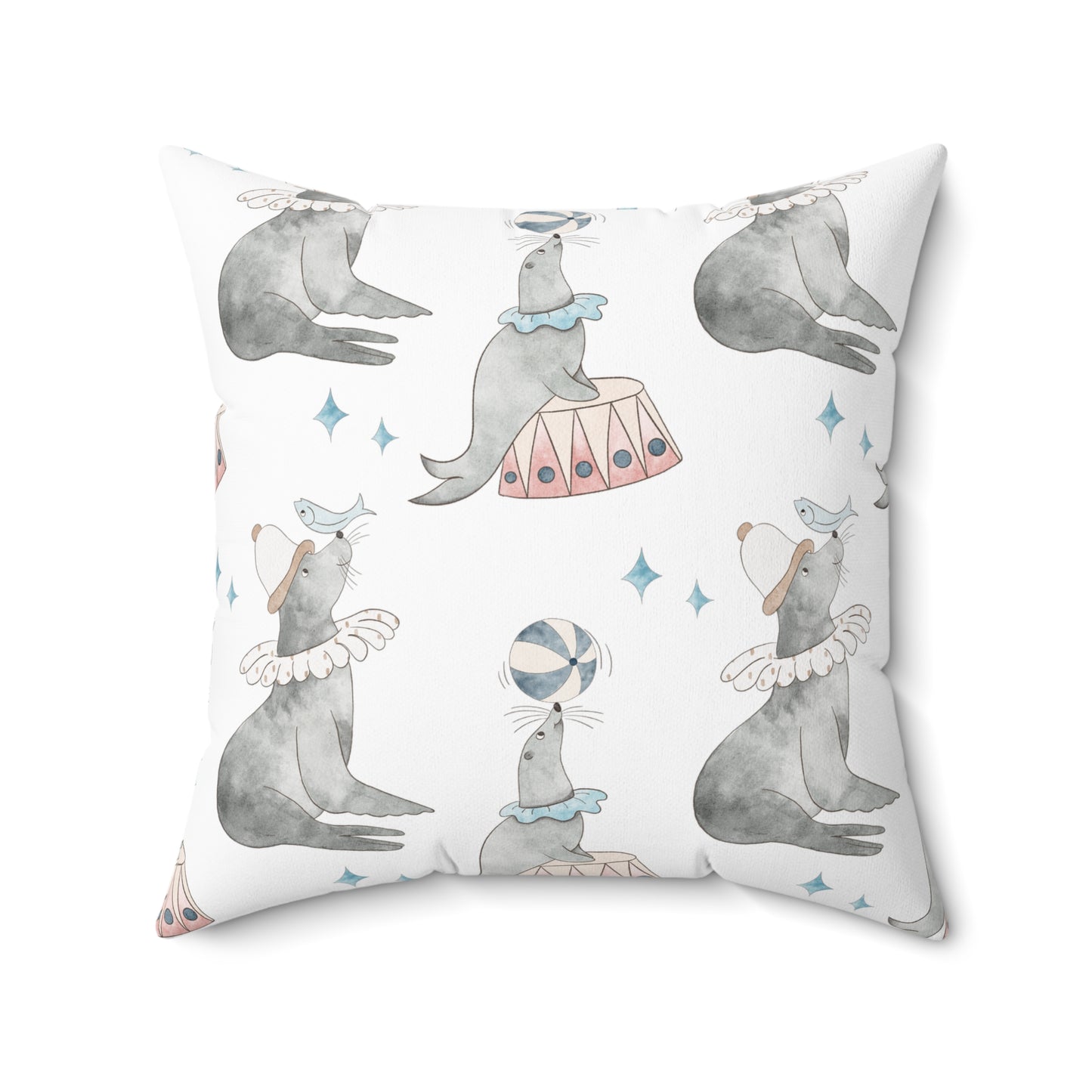 Spun Polyester Square Pillow Watercolor Circus Seals Blue and White