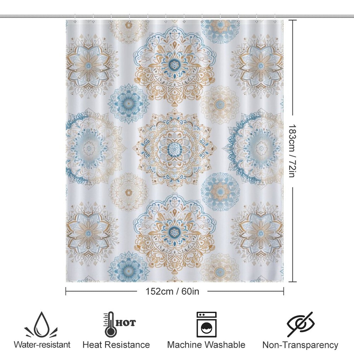 Lightweight Shower Curtain- Boho Fun Blue Gold