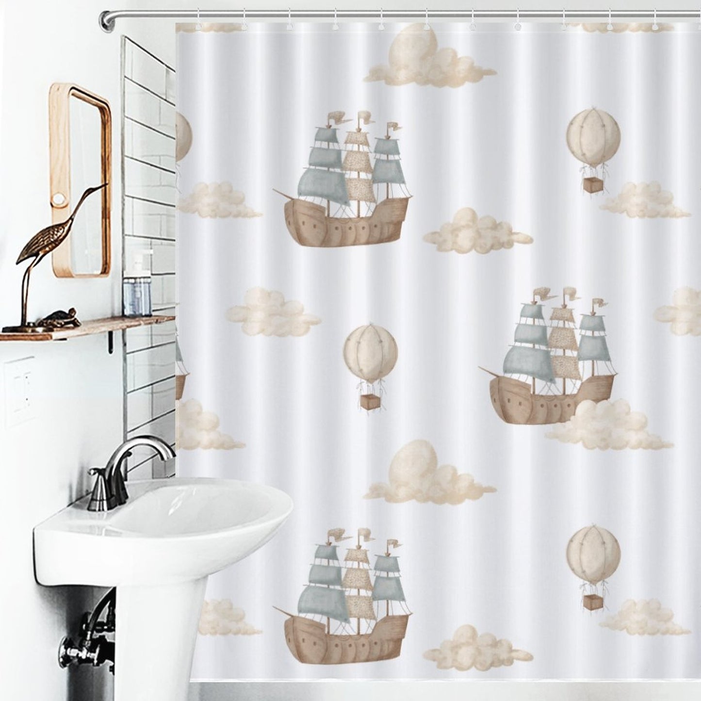 Lightweight Shower Curtain- Watercolor Pirate Ships