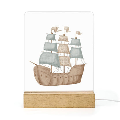 Watercolor Pirate Ship Acrylic Night Light with Wooden Base, Boys Bedroom, Bathroom, Nursery Decor