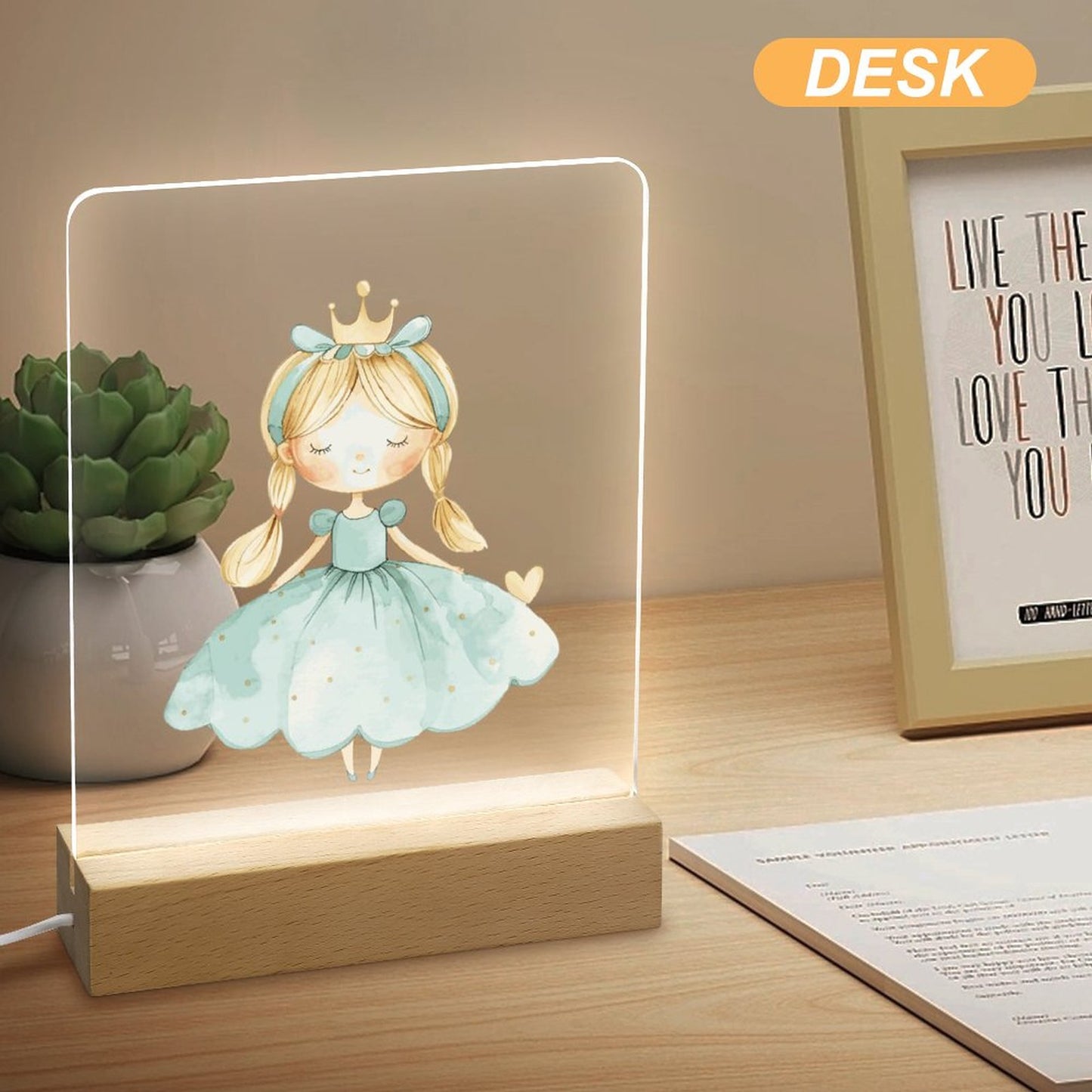 Watercolor Teal Princess 3 Acrylic Night Light with Wooden Base