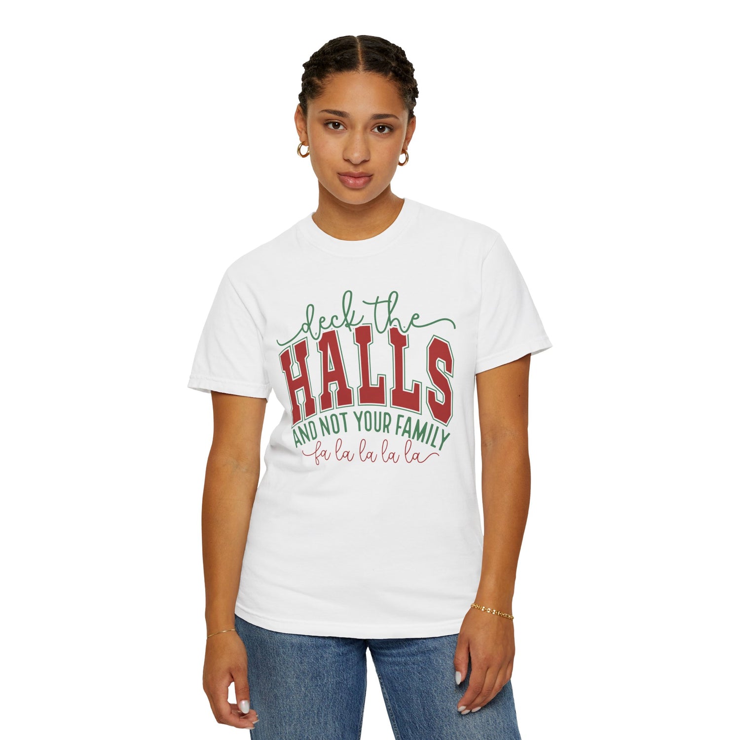 Person wearing a white t-shirt with Christmas-themed text on a white background