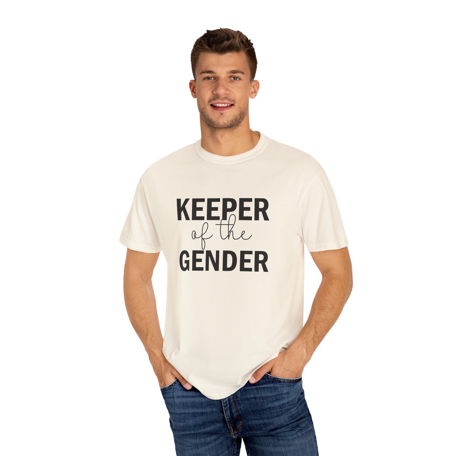 Unisex Garment-Dyed T-Shirt with 'Keeper of the Gender' Print | Funny New Baby Shirt, Casual Wear, Gender Reveal