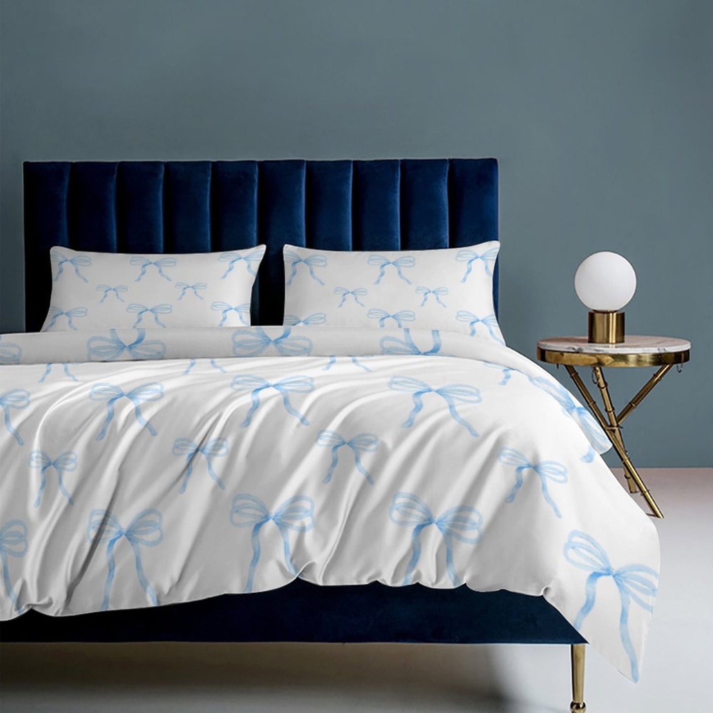 Watercolor Coquette Blue Bows 3-Piece Duvet Bedding Set-90"x90" Full/Queen Reversible Duvet Cover Set