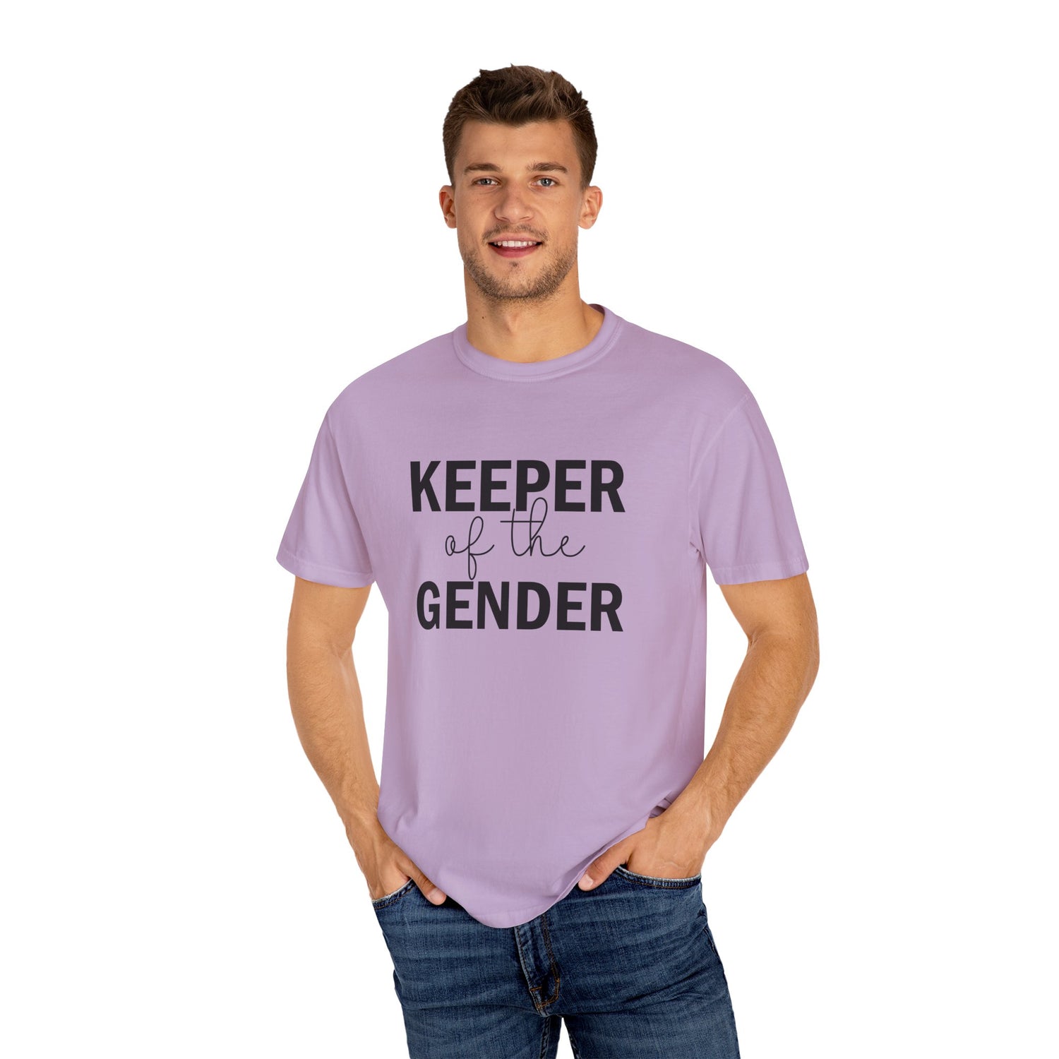 Unisex Garment-Dyed T-Shirt with 'Keeper of the Gender' Print | Funny New Baby Shirt, Casual Wear, Gender Reveal