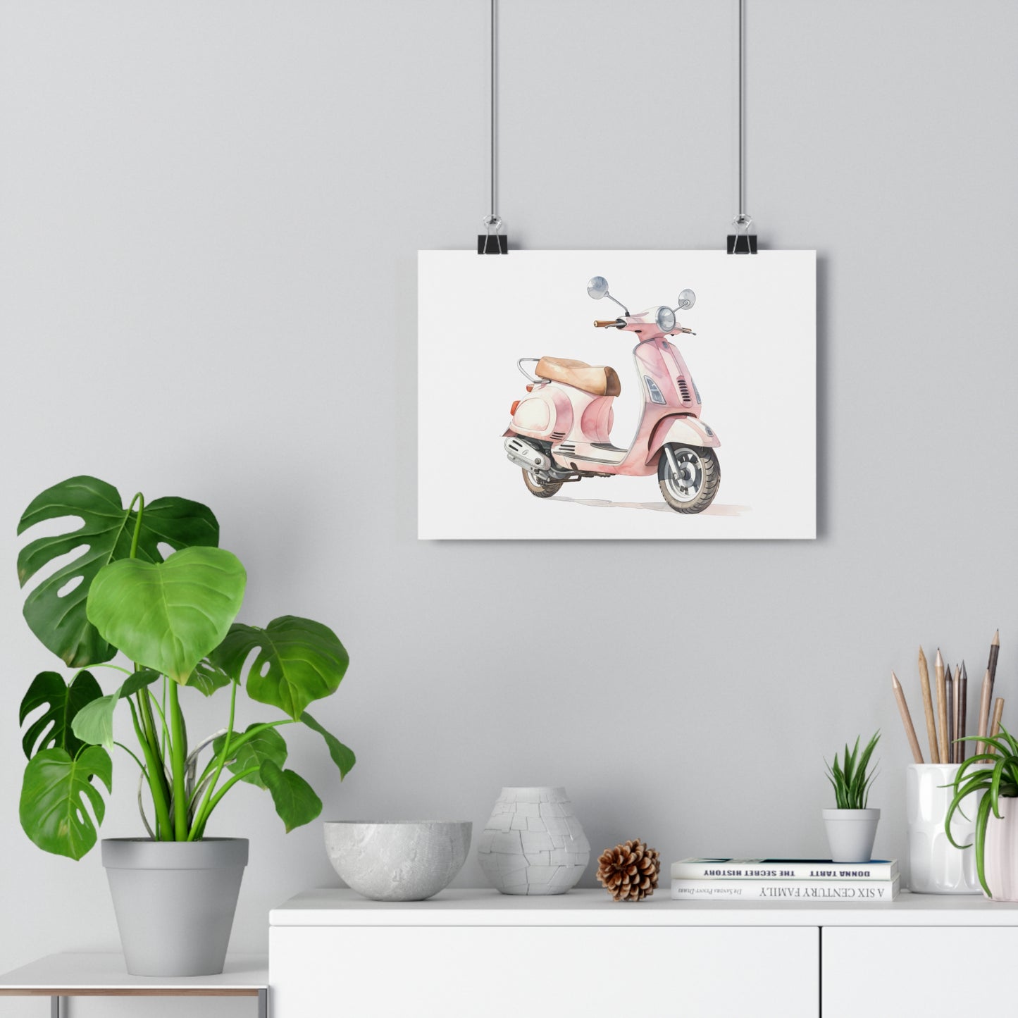 Giclée Art Print Watercolor Pink Paris Scooter