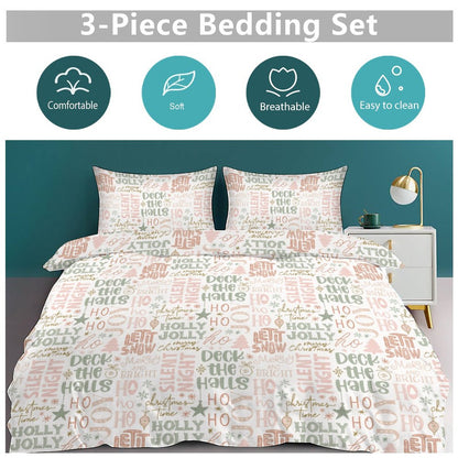 Christmas Phrases 3-Piece Bedding Set-90"x90" Full, Queen, Reversible Holiday, Seasonal Duvet Cover Set