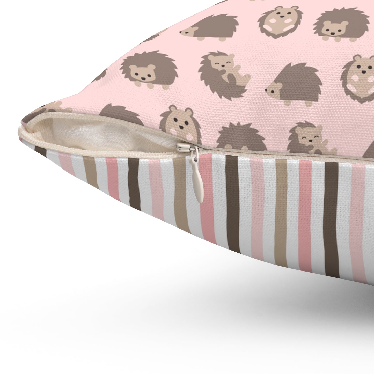 Spun Polyester Square Pillow with Removable Cover Hedgehog Playdate Pink Stripes