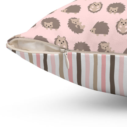 Spun Polyester Square Pillow with Removable Cover Hedgehog Playdate Pink Stripes