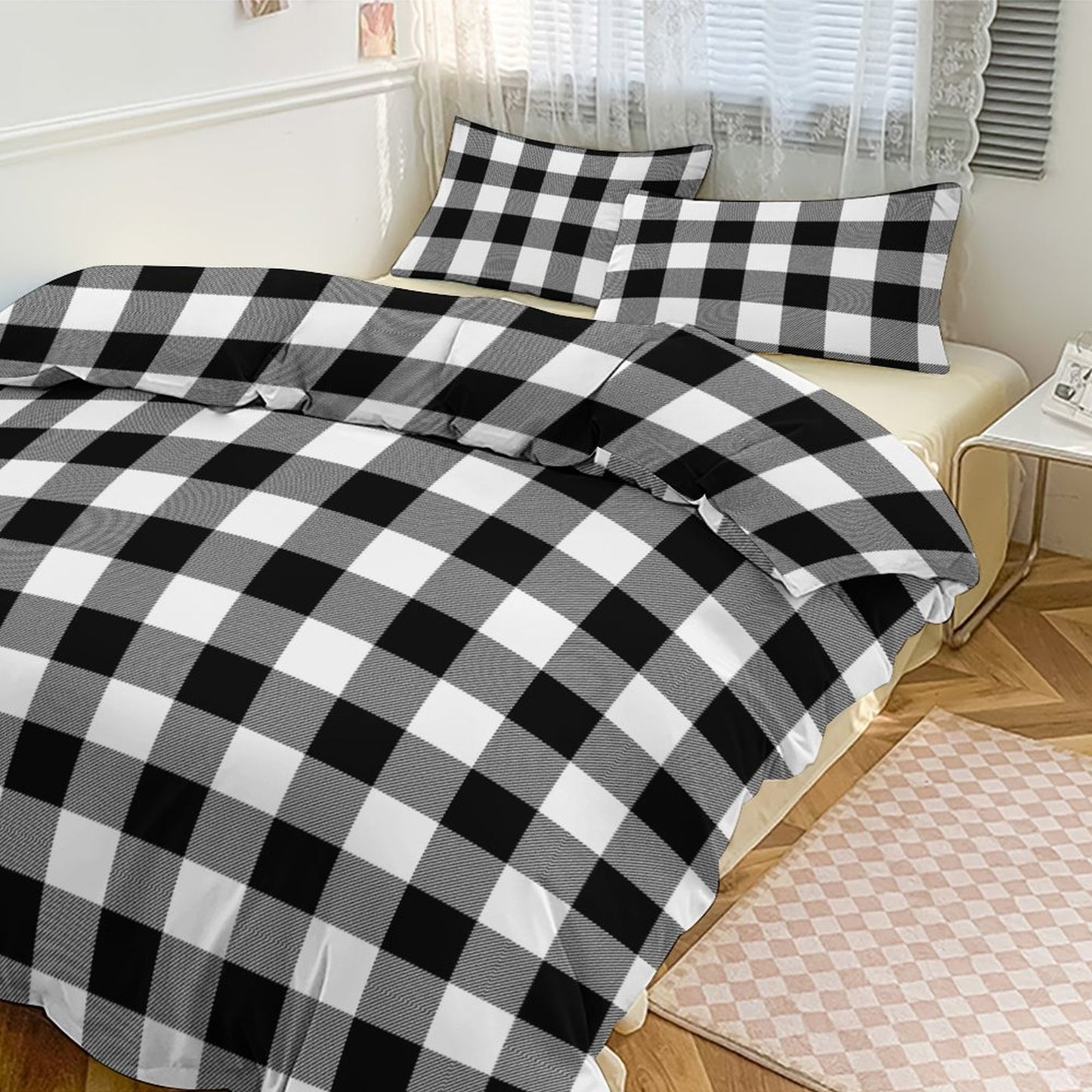 Black White Buffalo Plaid 3-Piece Bedding Set-90"x90" Full, Queen Holiday Plaid Duvet Cover Set