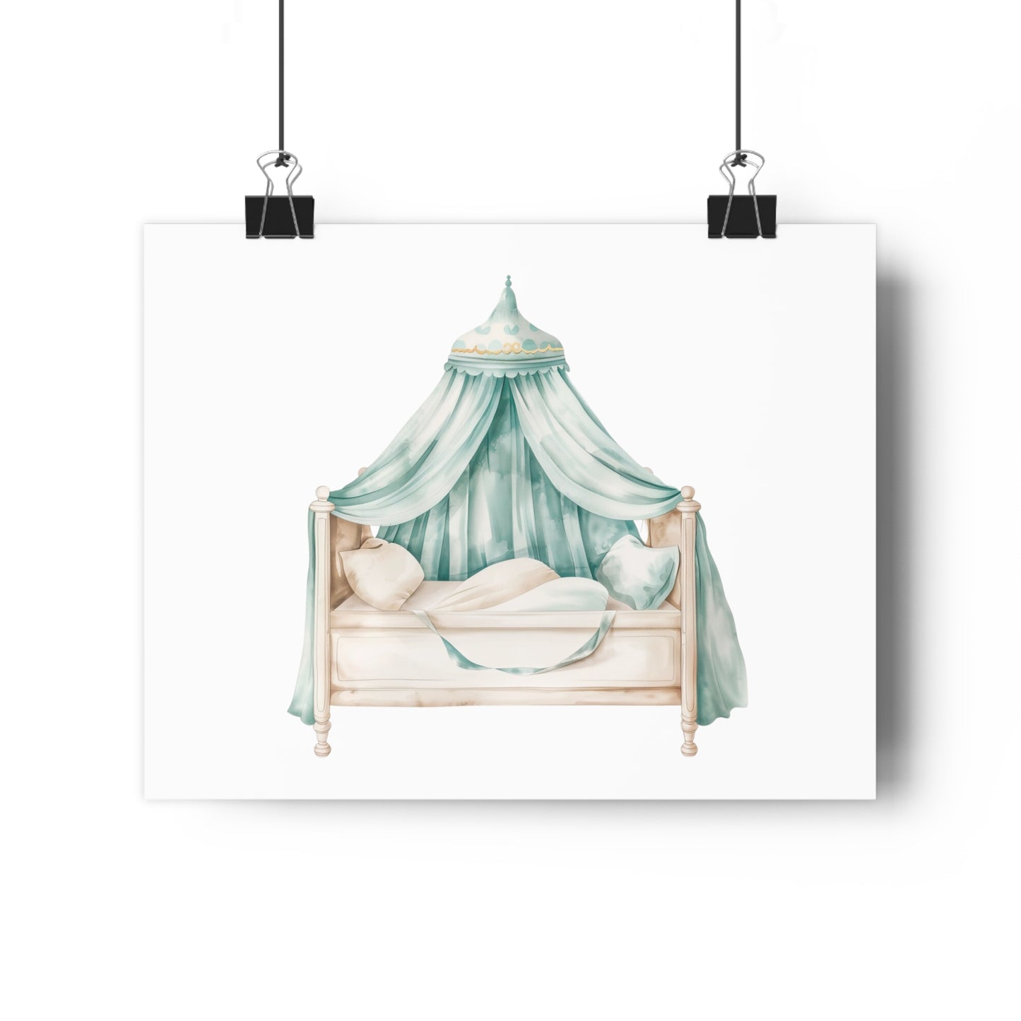 Giclée Art Print Watercolor Teal Princess Canopy Bed