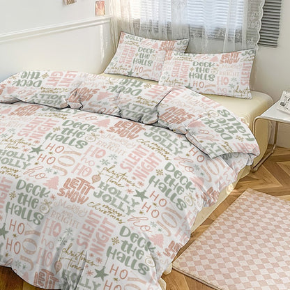 Christmas Phrases 3-Piece Bedding Set-86"×70" Twin Reversible Holiday Duvet Cover Set