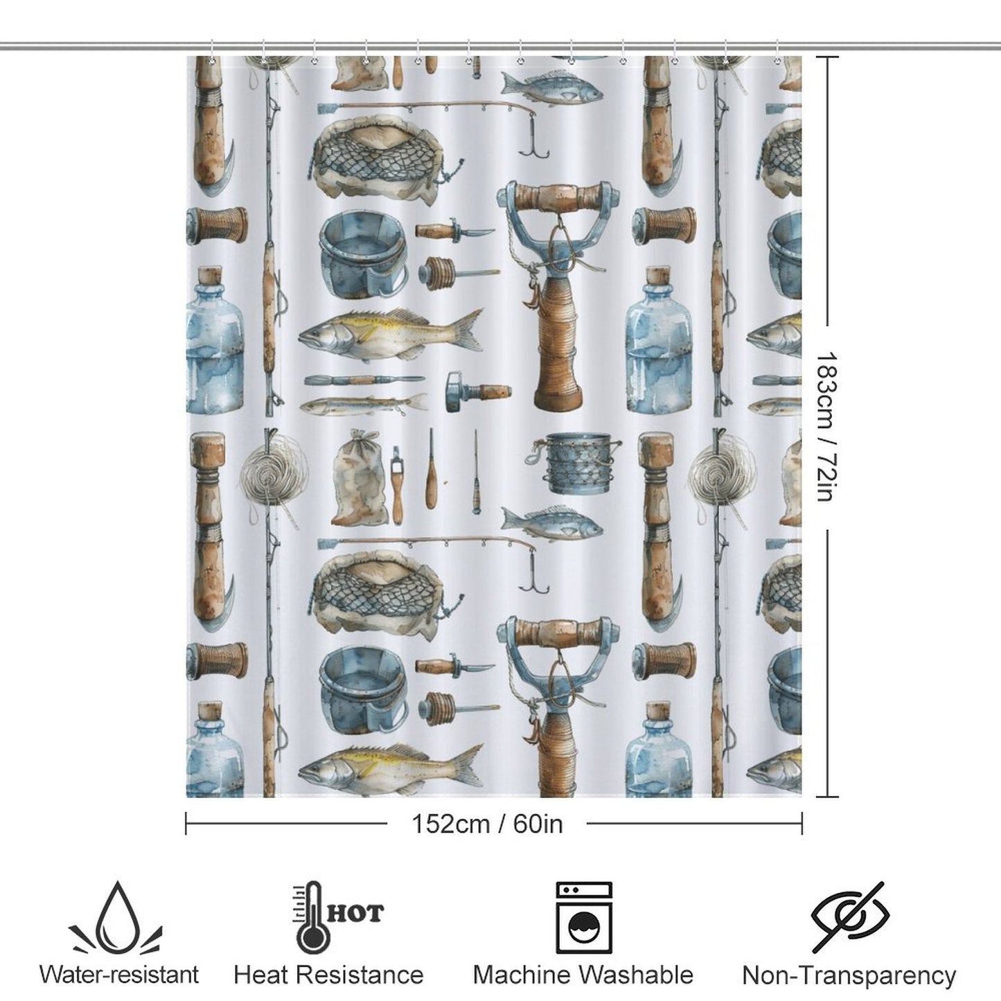 Lightweight Shower Curtain- Watercolor Fishing Tools