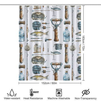 Lightweight Shower Curtain- Watercolor Fishing Tools