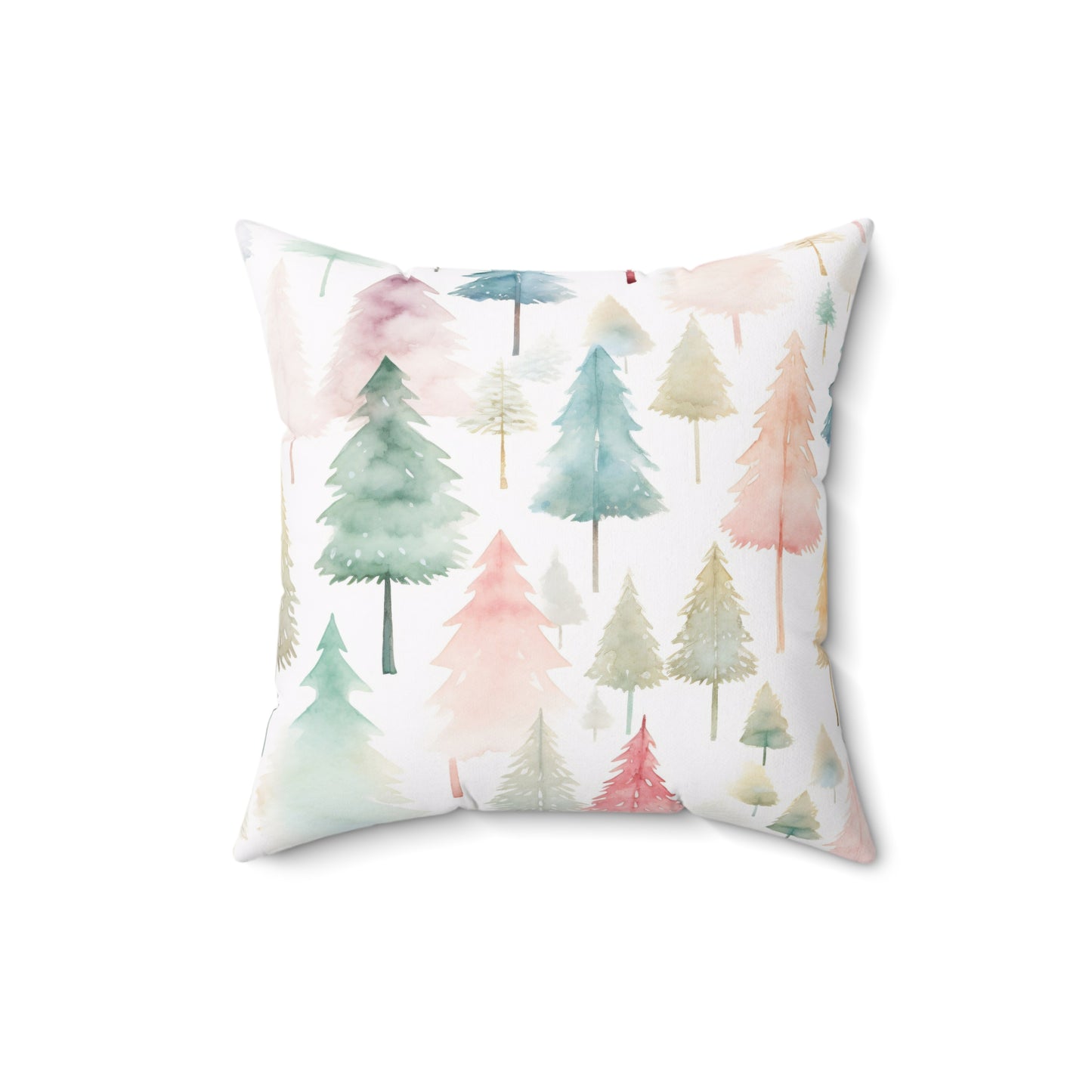 Spun Polyester Square Pillow with Removable Cover Watercolor Pastel Christmas Trees