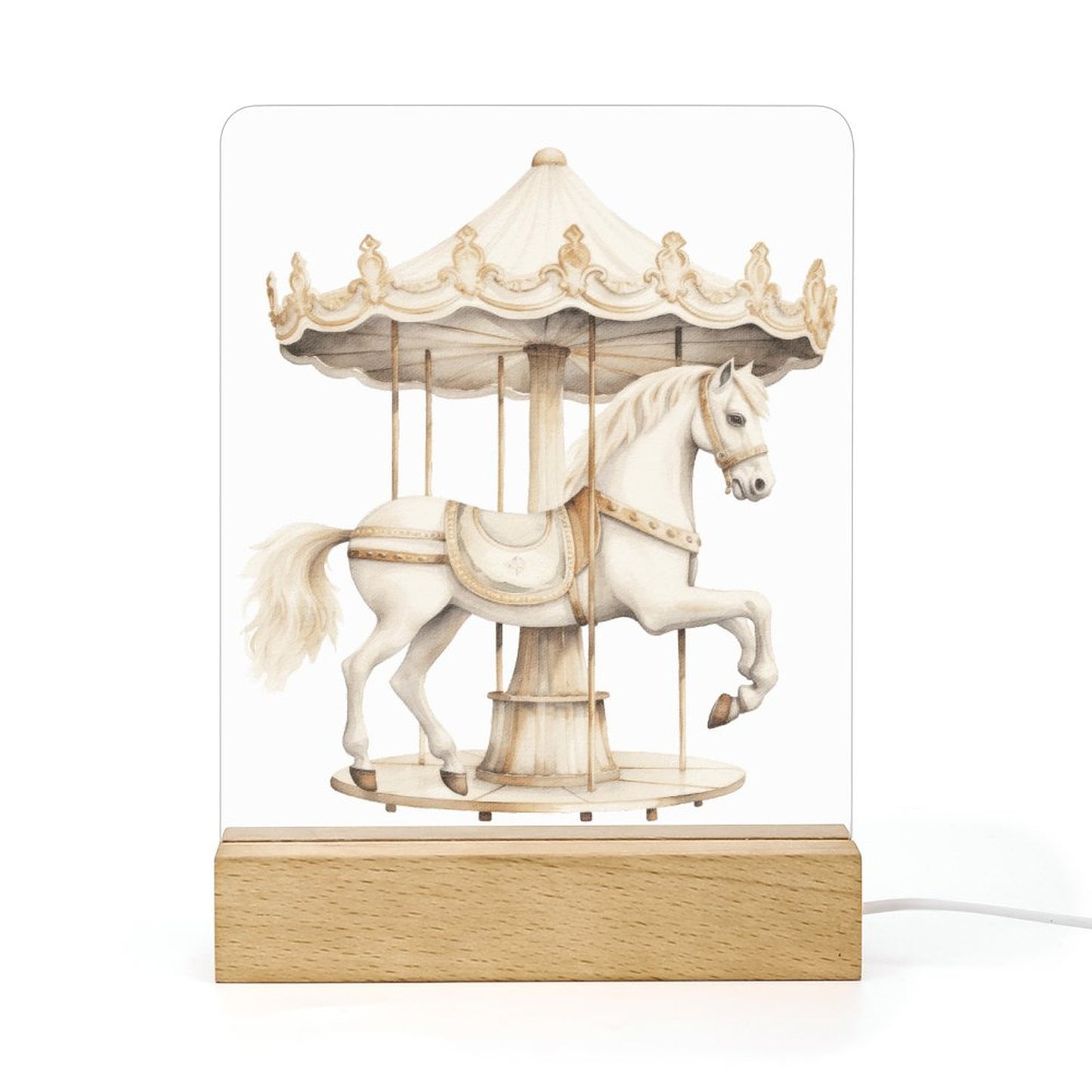 Watercolor Carousel Acrylic Night Light with Wooden Base