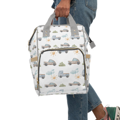 Classic Transportation Cars Blue/Grey Multifunctional Diaper Backpack