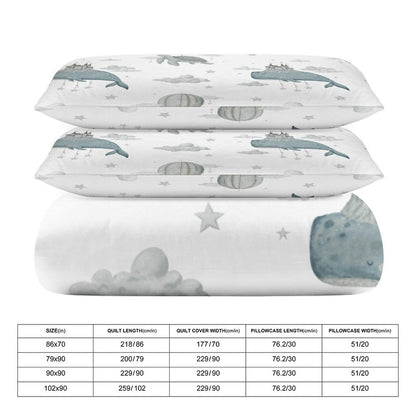 Whale Clouds 3-Piece Duvet Bedding Set-90"x90" Full/Queen Reversible Children's Duvet Cover Set