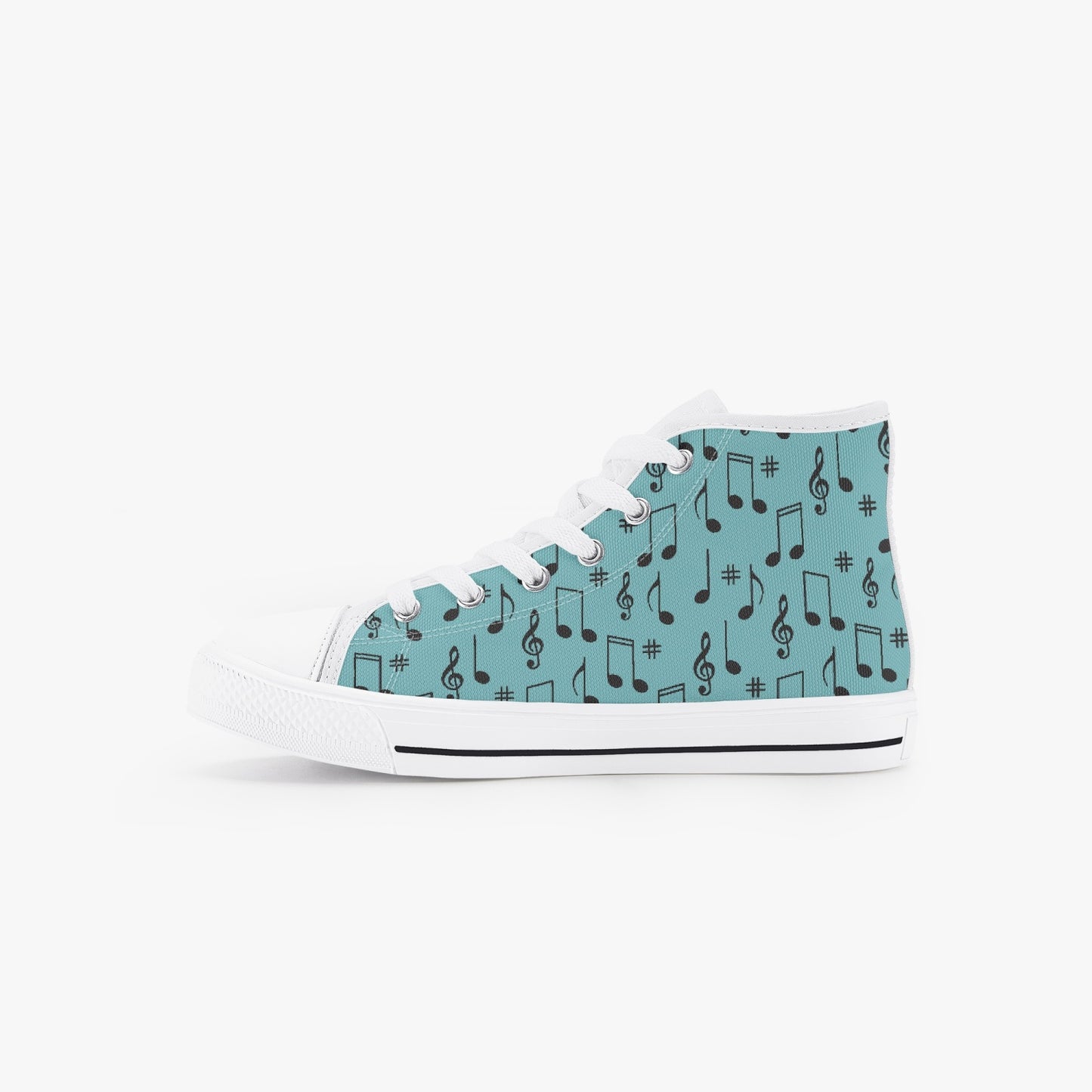 unisex 50s Diner Music Notes Teal Kid’s High-Top Canvas Shoes