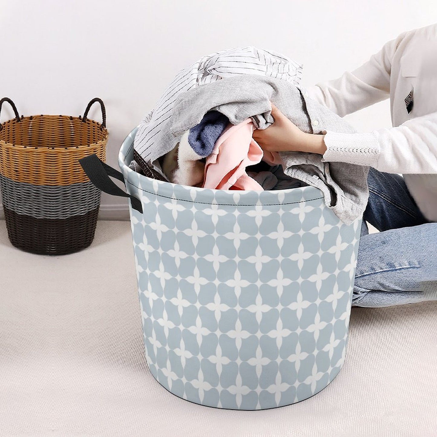 Collapsible Laundry Hamper- Blue Cream Boho