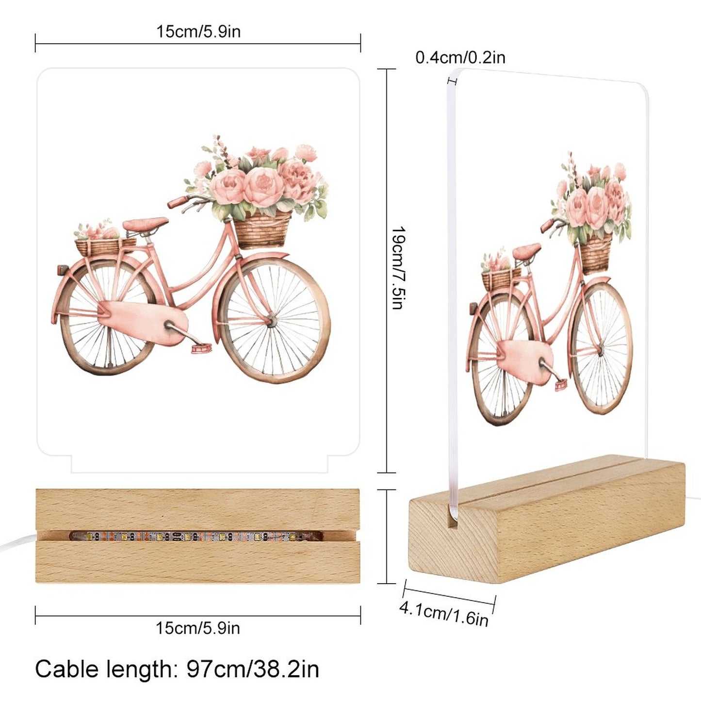 Watercolor Pink Paris Bicycle Basket Acrylic Night Light with Wooden Base