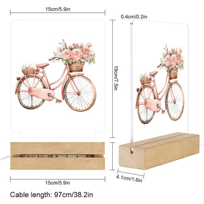 Watercolor Pink Paris Bicycle Basket Acrylic Night Light with Wooden Base