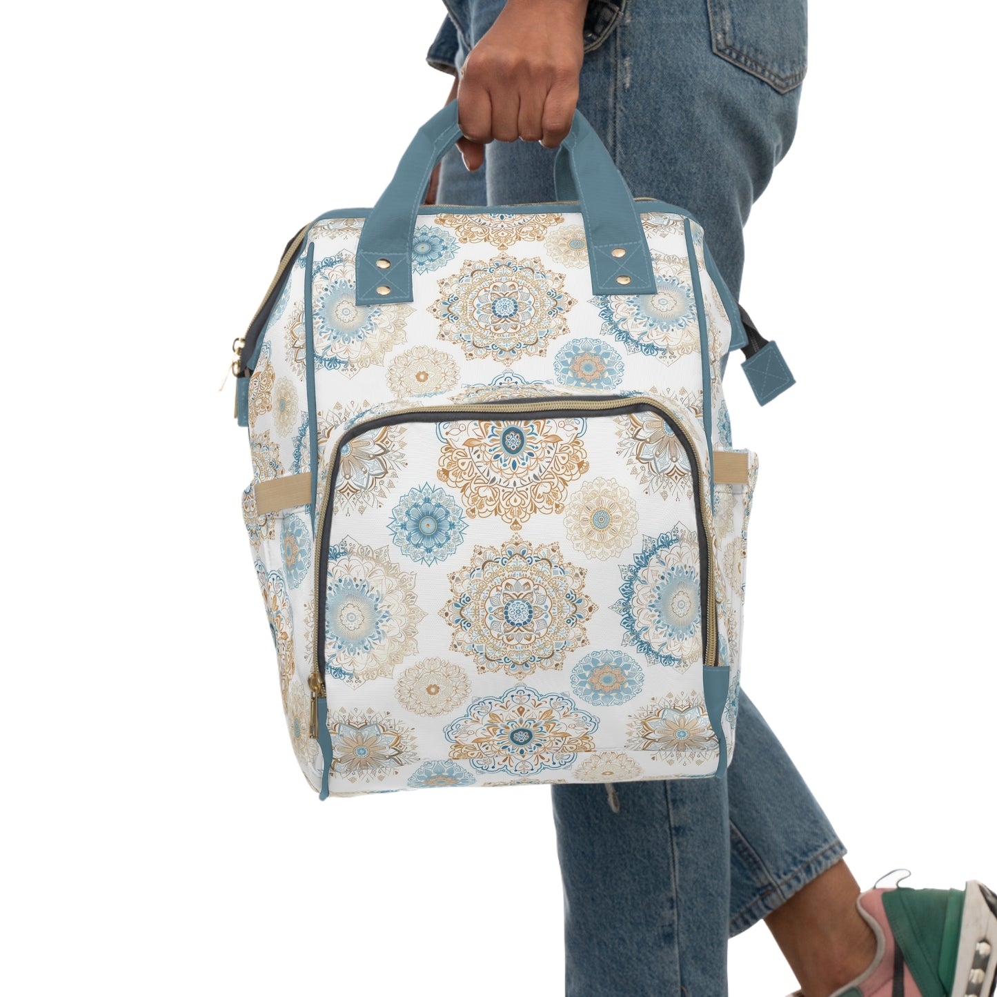 Multifunctional Backpack Diaper Bag- Boho Blue Gold