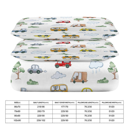 Cute Cars 3-Piece Bedding Set-86"×70" Twin Reversible Transportation Theme Duvet Cover Set