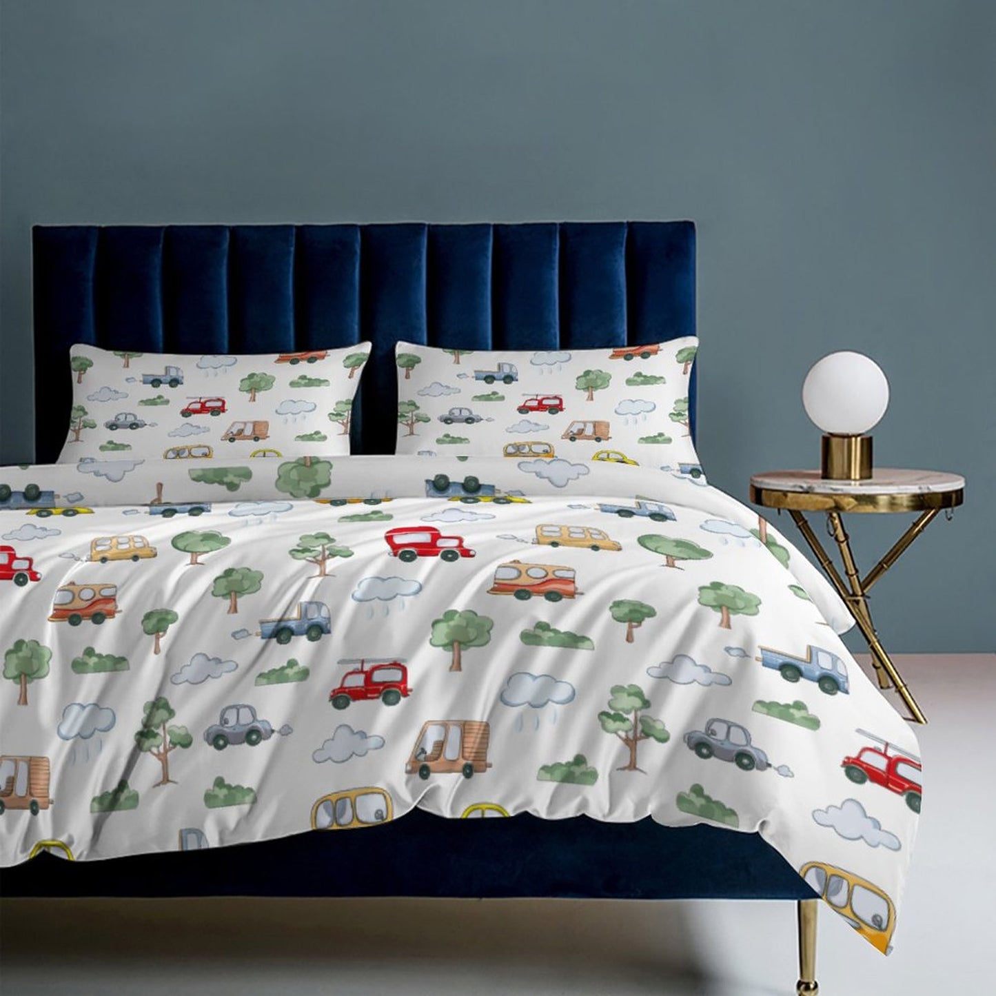 Cute Cars 3-Piece Bedding Set-86"×70" Twin Reversible Transportation Theme Duvet Cover Set