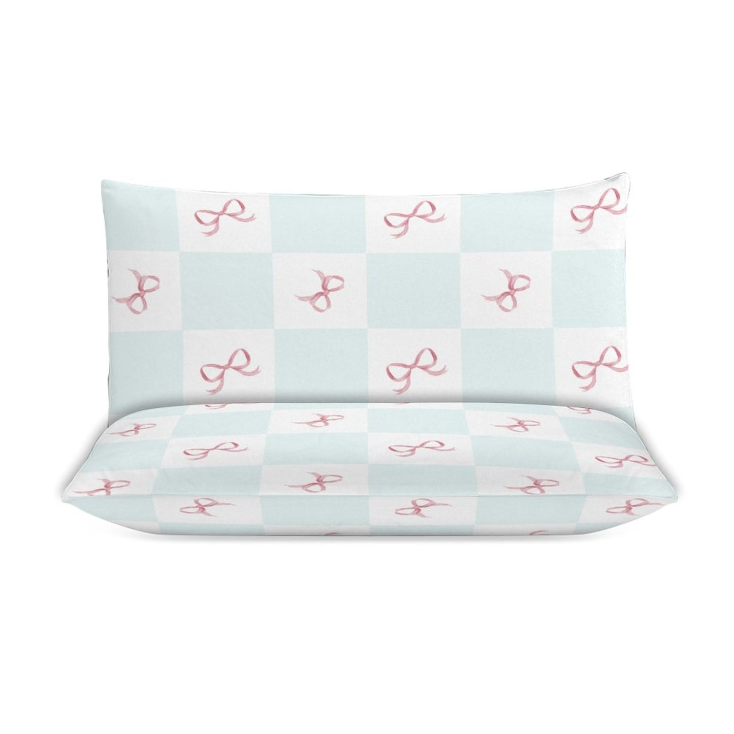 Blue Check Coquette Bows 3-Piece Bedding Set-90"x90" Full, Queen Reversible, Pink Blue Coquette Duvet Cover