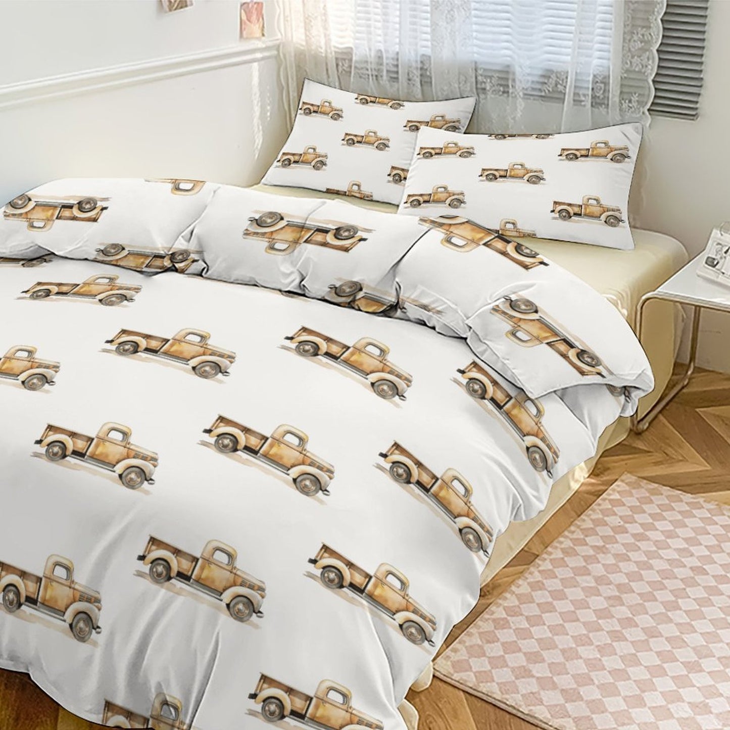 Boys Vintage Trucks Bedding Set-90"x90" Reversible Duvet Cover Set, Transportation Theme Bedding