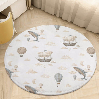 Round Plush Bath Mat- Watercolor Whale Ships