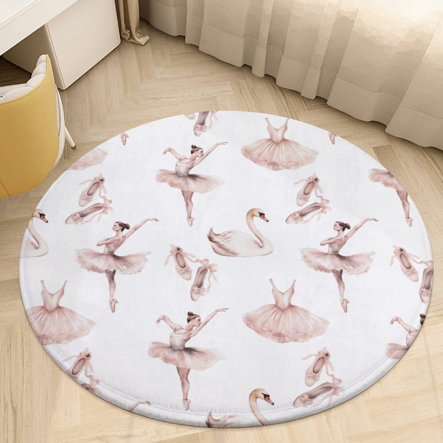 Round Plush Bath Mat- Watercolor Pink Ballerinas