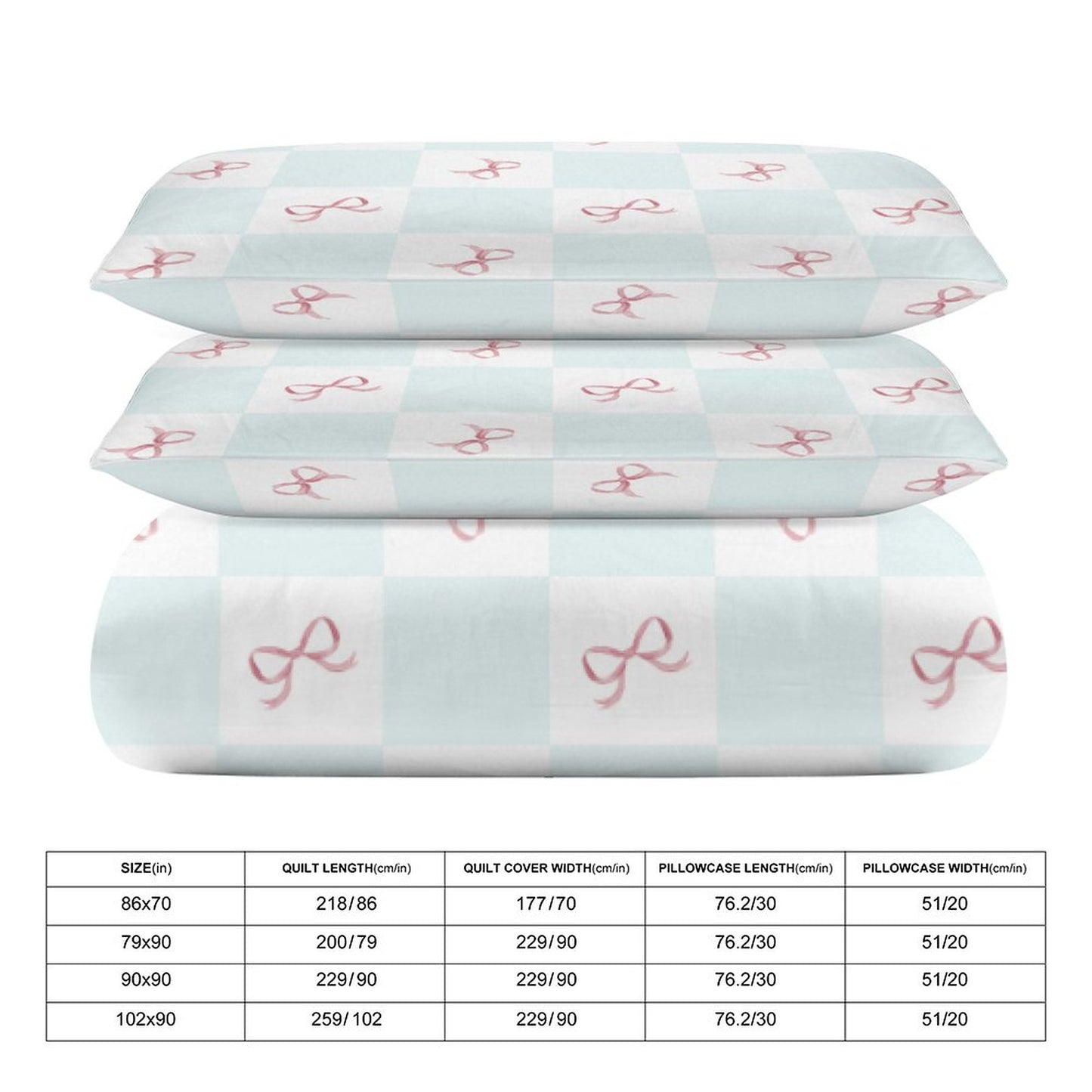 Blue Check Coquette Bows 3-Piece Bedding Set-90"x90" Full, Queen Reversible, Pink Blue Coquette Duvet Cover