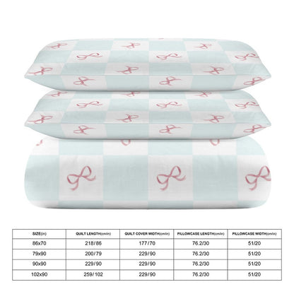 Blue Check Coquette Bows 3-Piece Bedding Set-90"x90" Full, Queen Reversible, Pink Blue Coquette Duvet Cover