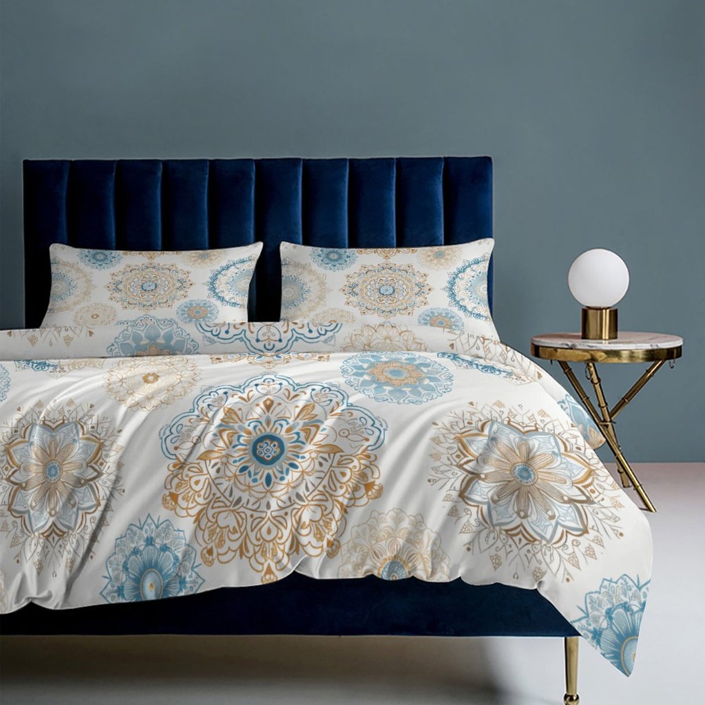 Blue Gold Boho Fun 3-Piece Bedding Set-90"x90" Full, Queen Reversible Boho Blue, Cream, Gold Duvet Cover