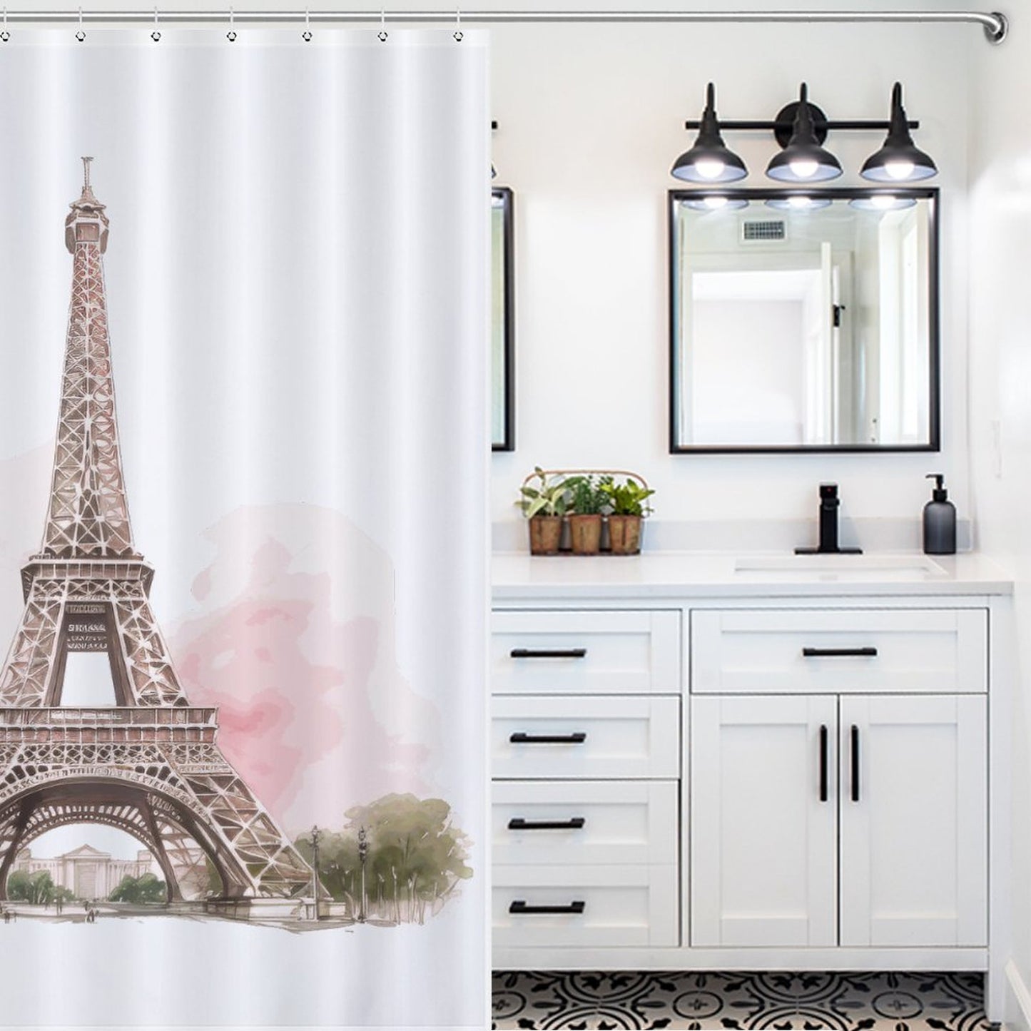 Lightweight Shower Curtain- Pink Paris Eiffel Tower