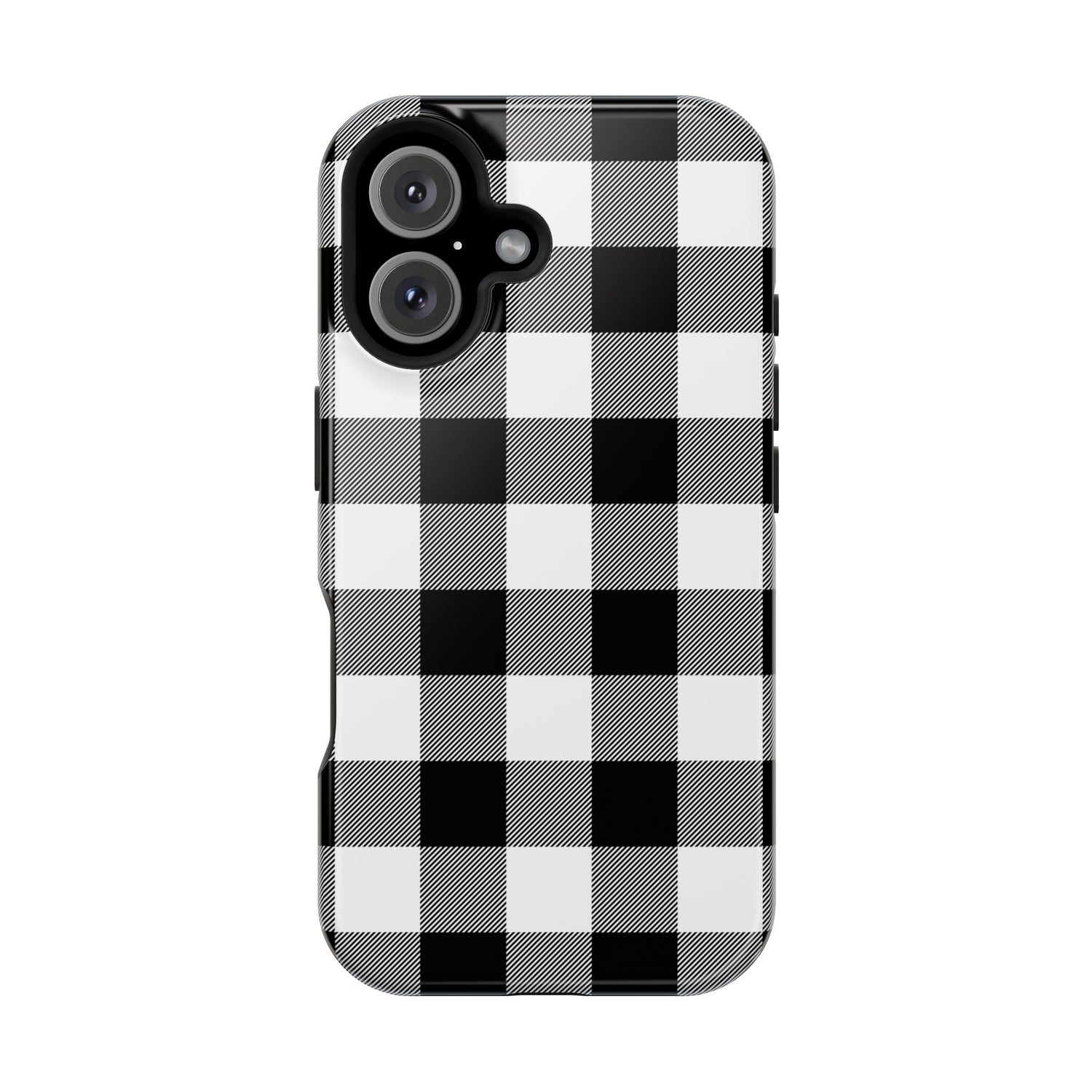 A black and white checkered phone case with a visible camera module on the back.