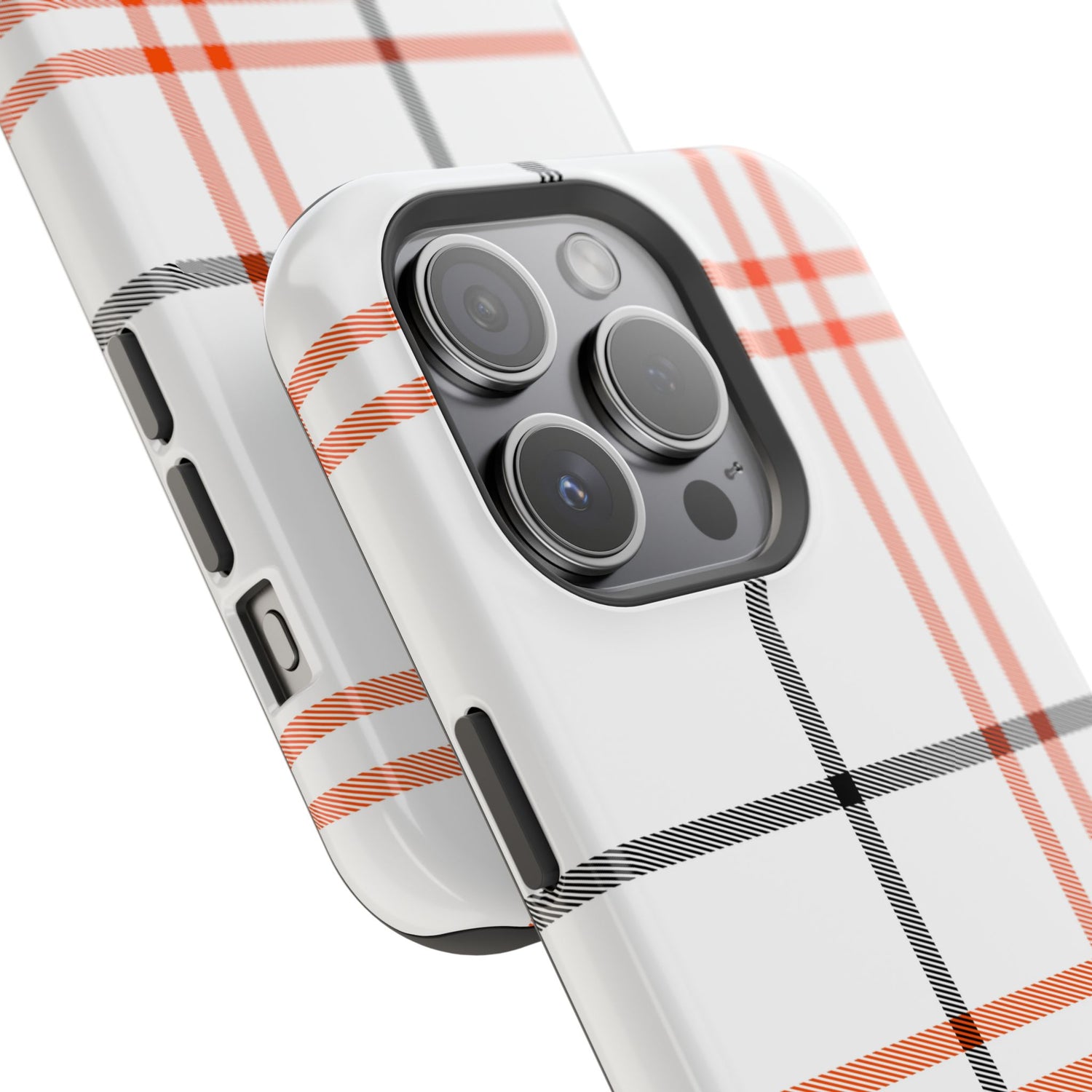 A phone case with a fall tartan plaid pattern in white and orange stripes, featuring a camera module in the center.
