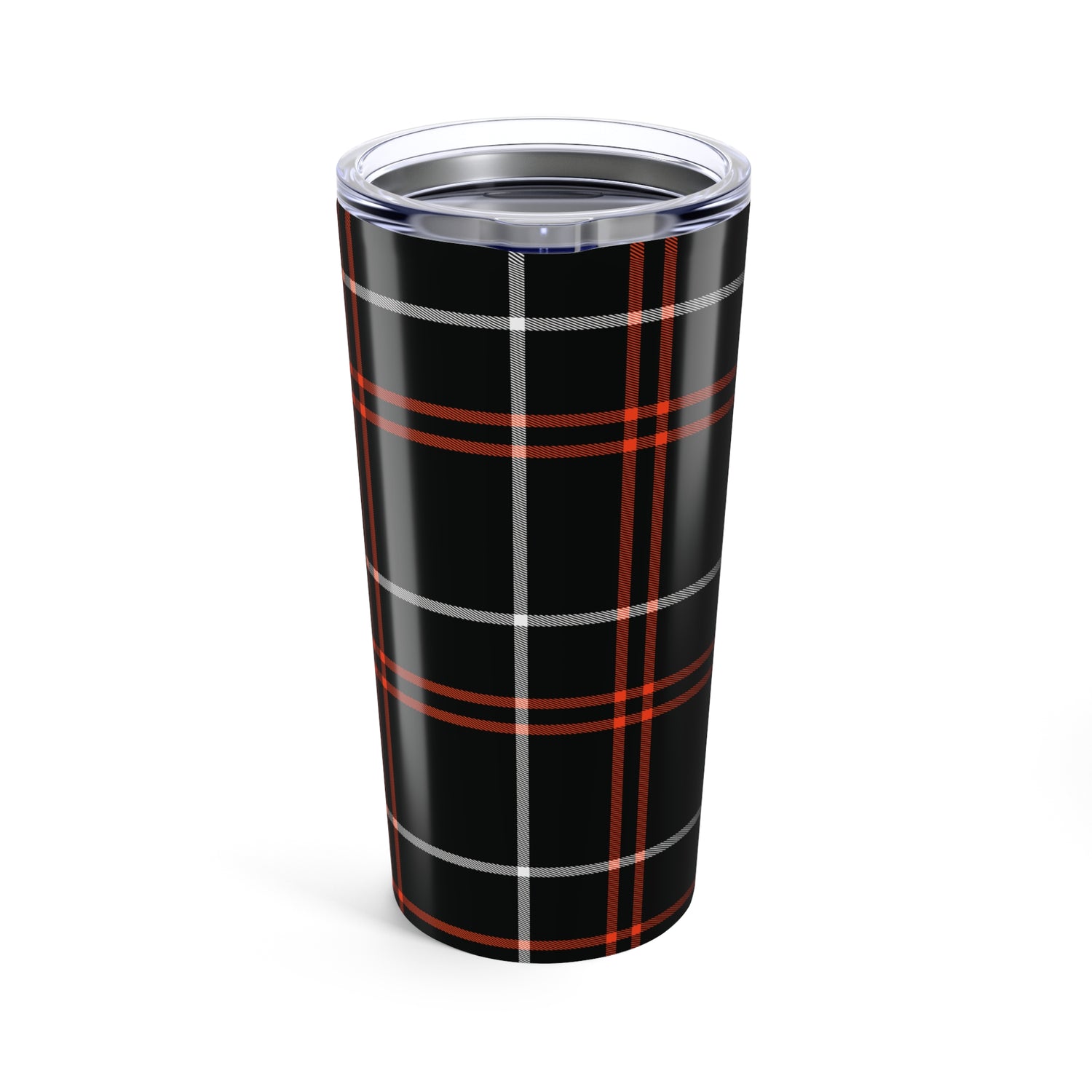 Tumbler with black and red plaid pattern on a white background