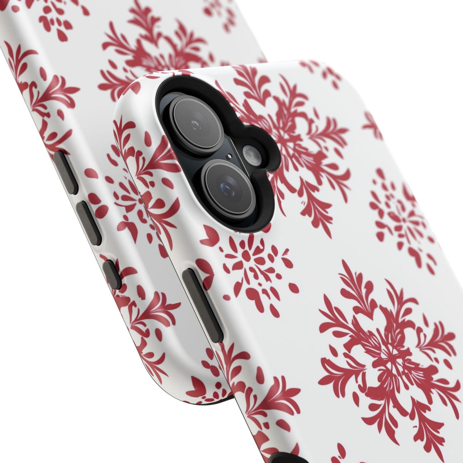 White phone case with red snowflakes on a white background