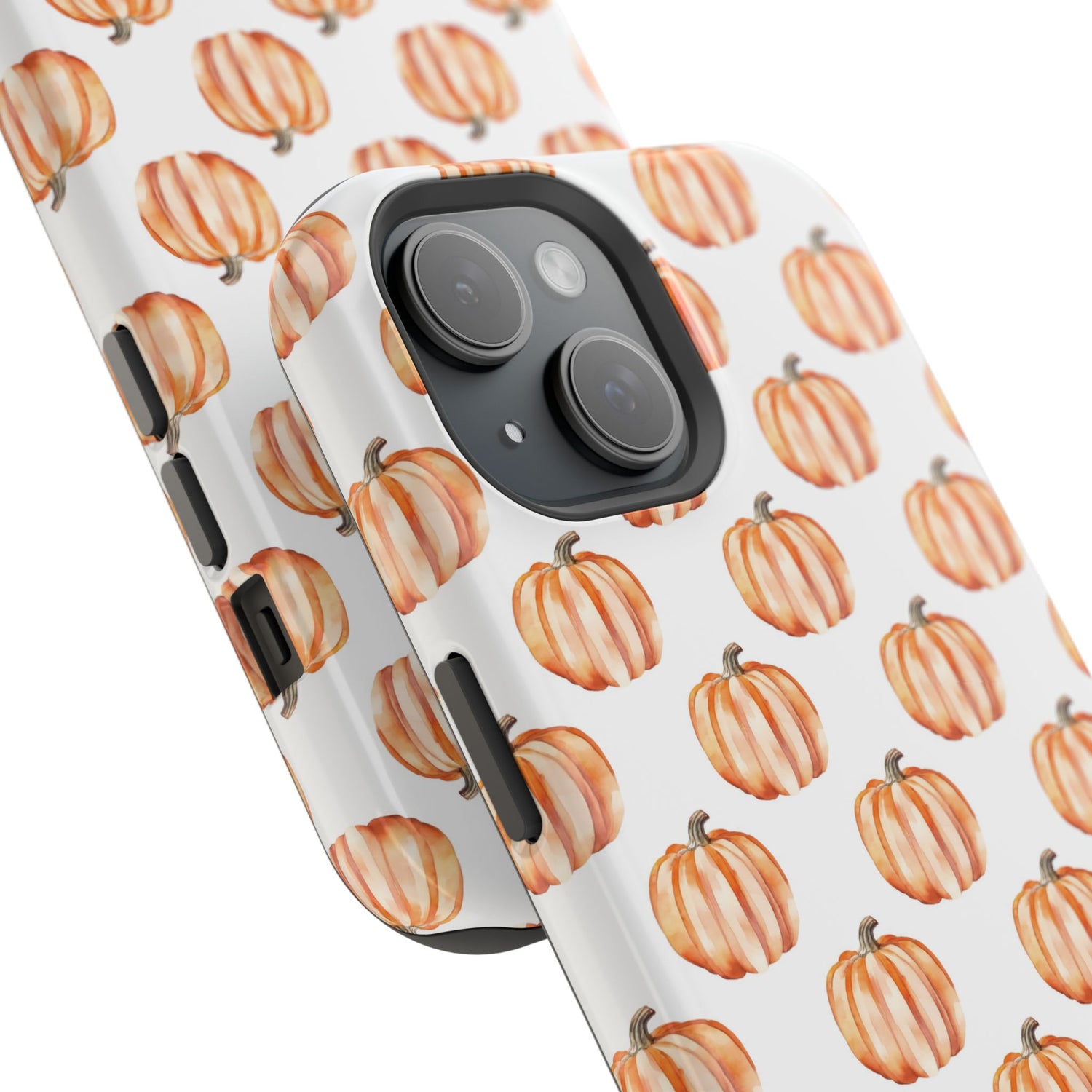 A phone case with a pattern of pumpkins on a white background, featuring a camera cutout and a black border at the top.