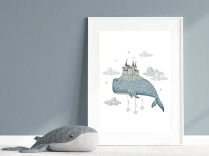 Giclée Art Print Watercolor Whales and Castles Blue Gray