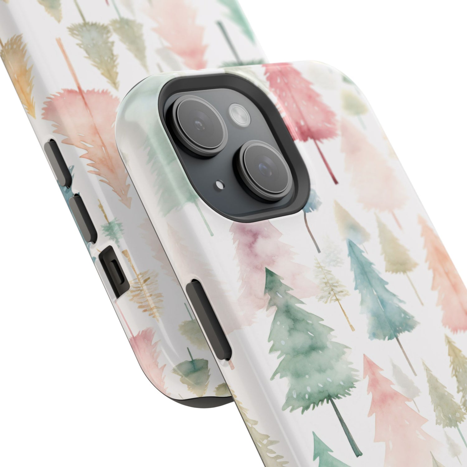 A phone case with a Christmas tree watercolor print, featuring a black plastic border and a wireless charging camera cut-out on the back.