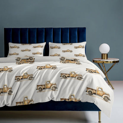 Boys Vintage Trucks Bedding Set-90"x90" Reversible Duvet Cover Set, Transportation Theme Bedding