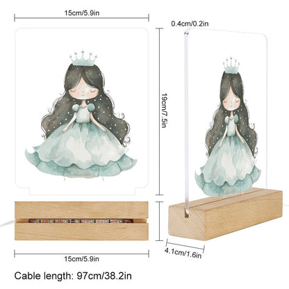 Watercolor Teal Princess 2 Acrylic Night Light with Wooden Base