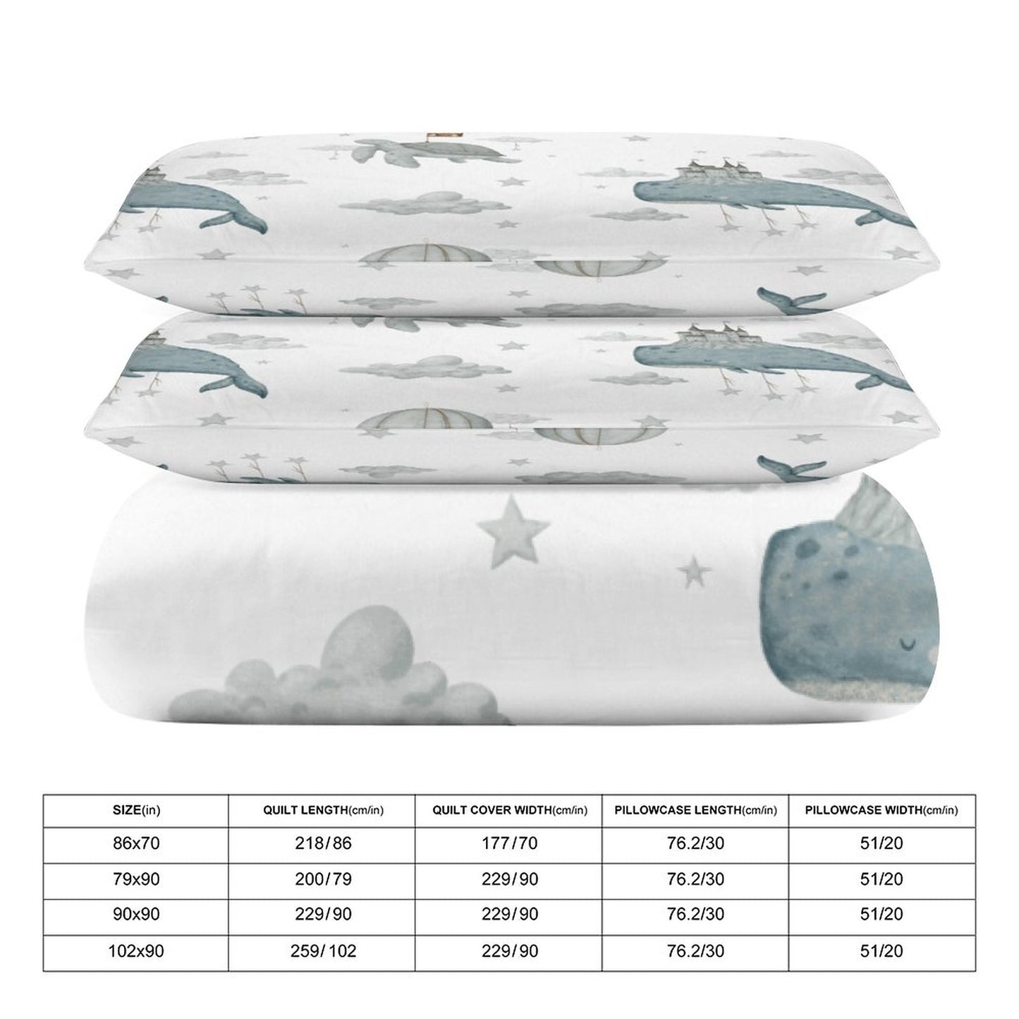 Whale Clouds 3-Piece Bedding Set-86"×70" Twin Reversible Duvet Cover Set