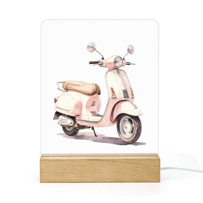 Watercolor Paris Pink Scooter Acrylic Night Light with Wooden Base