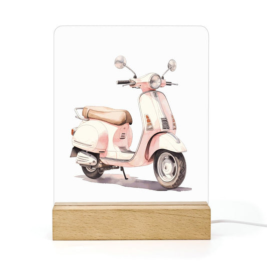 Watercolor Paris Pink Scooter Acrylic Night Light with Wooden Base