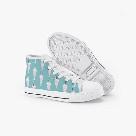 Girls 50s Diner Milkshake Teal Kid’s High-Top Canvas Shoes